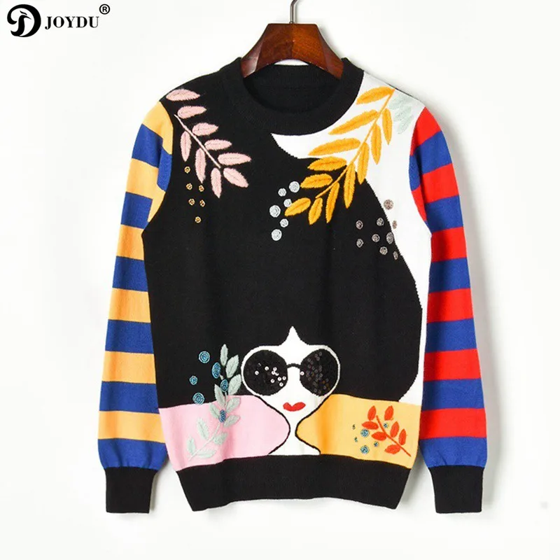 JOYDU Embroidery Leaves Cartoon Girl Sequins Beading Designer Knitted Pullover Sweater Women Autumn Jumper Stripes Long Sleeve | Женская