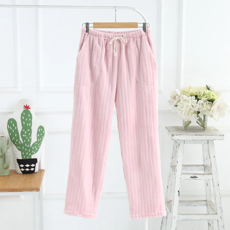 

Winter Woman Pajama Pants Flannel Thick Warm Home Pants Ladies Tie Elastic Waist Loose Trousers Soft Cozy Solid Lounge Bottoms