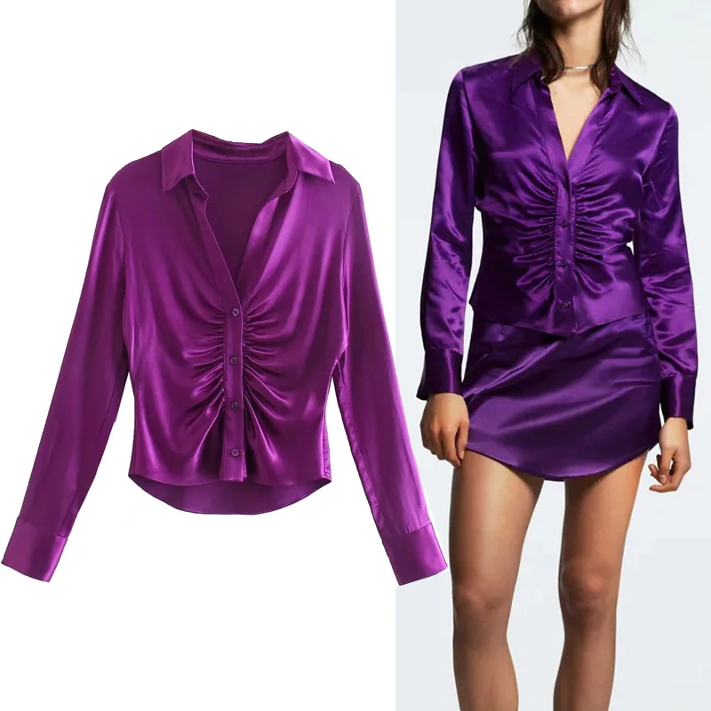 

Женская атласная рубашка с рюшами, длинным рукавом и пуговицами