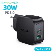 RAVPower 30W PD Charger USB C Type C Fast Charging Wall Charger 18W Quick Charger For iPhone 12 13 Samsung laptop tablet