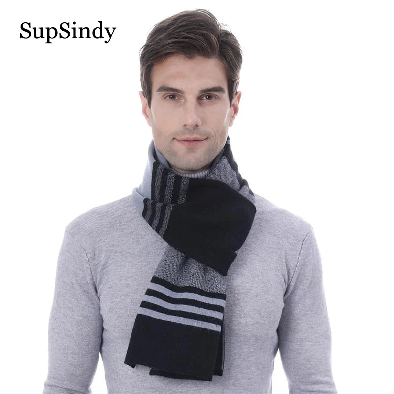 

Зимний мужской шарф SupSindy, модные шерстяные жаккардовые вязаные длинные шарфы в черную полоску для мужчин, роскошная шаль, мягкая теплая каш...
