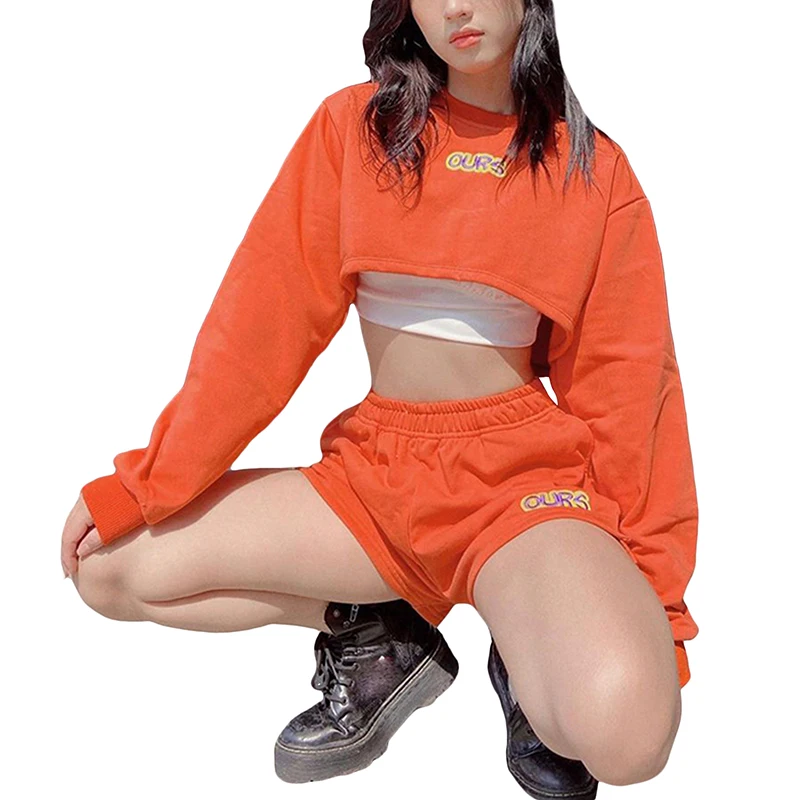 Fall Tracksuit Two Piece Set Outfits Suit Women Clothing Streetwear Embroidery Long Sleeve Sweatshirt Elastic Waist Shorts Sets |