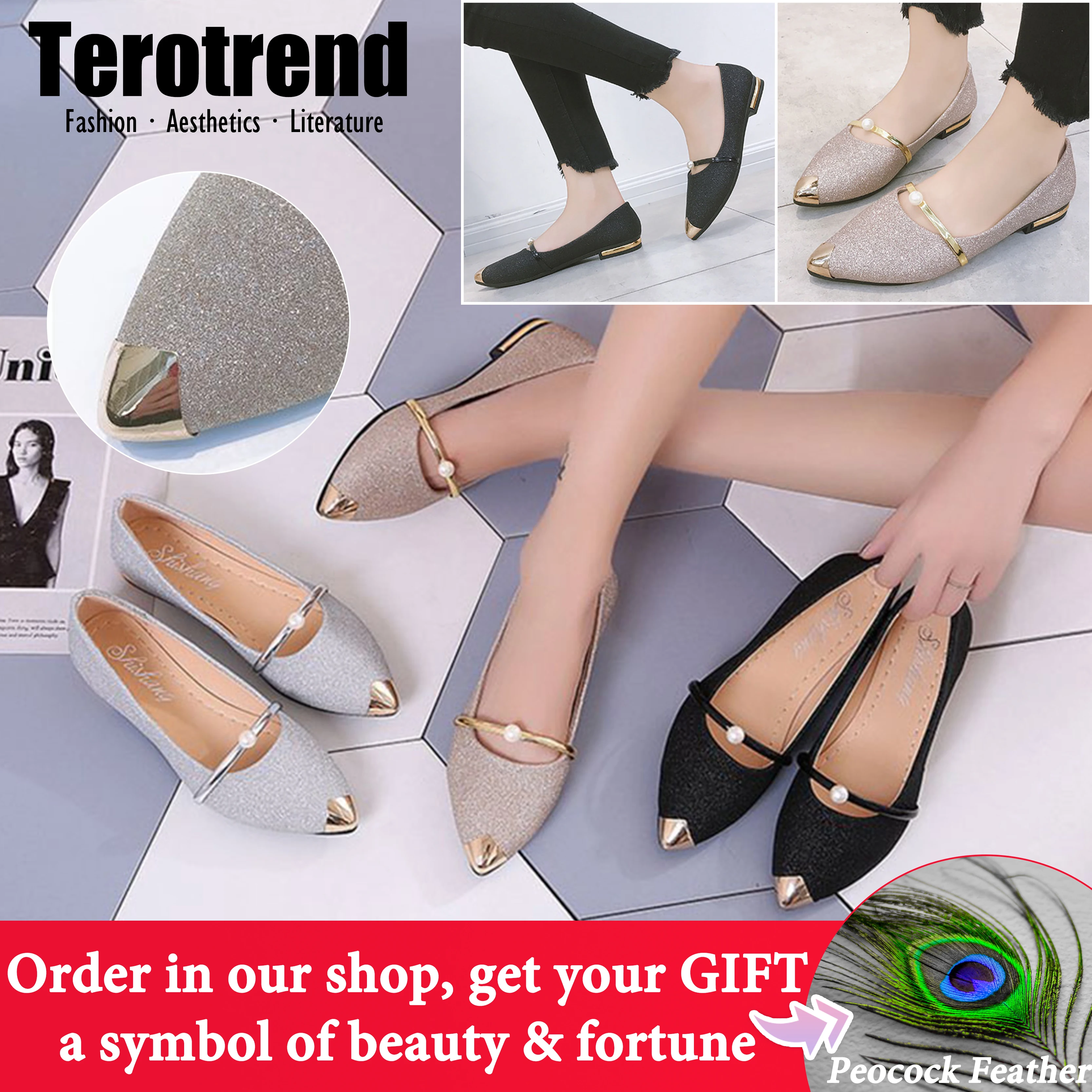 Балетки синего золотого цвета с острым носком на плоской подошве матовым