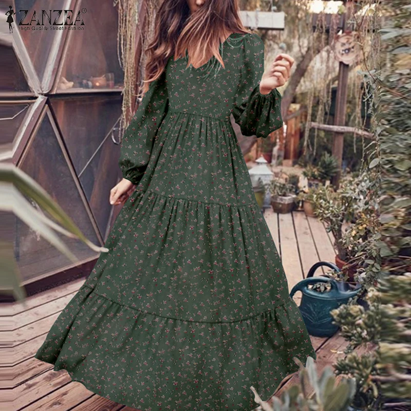 ZANZEA 2022 Stylish Ruffle Maxi Dress Casual Puff Sleeve Tunic Vestidos Female Solid Robe Women's Autumn Sundress