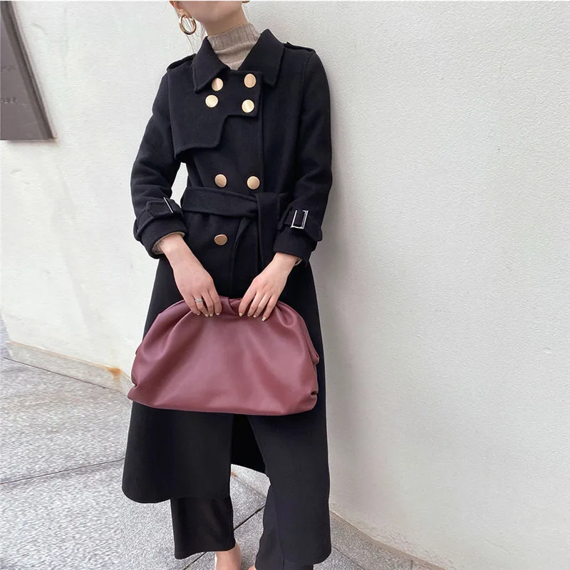 

2020 New High-end Women's Black Woolen Coat Korean Autumn Winter Long Slim Bouble Breasted Outwear Female Wool Overcoat Jacket