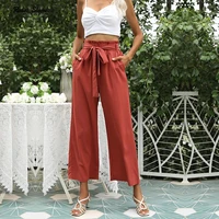 2021 new arrival womens wide leg high waisted cropped trousers with belt female fashion elegant loose flare ankle pants capris