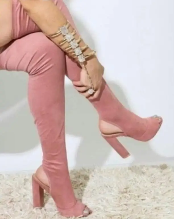Hot Slingback Wood Heel Female Autumn Boots Women Over The Knee Stretch Knit Peep Toe Ladies Chunky High Thigh | Обувь