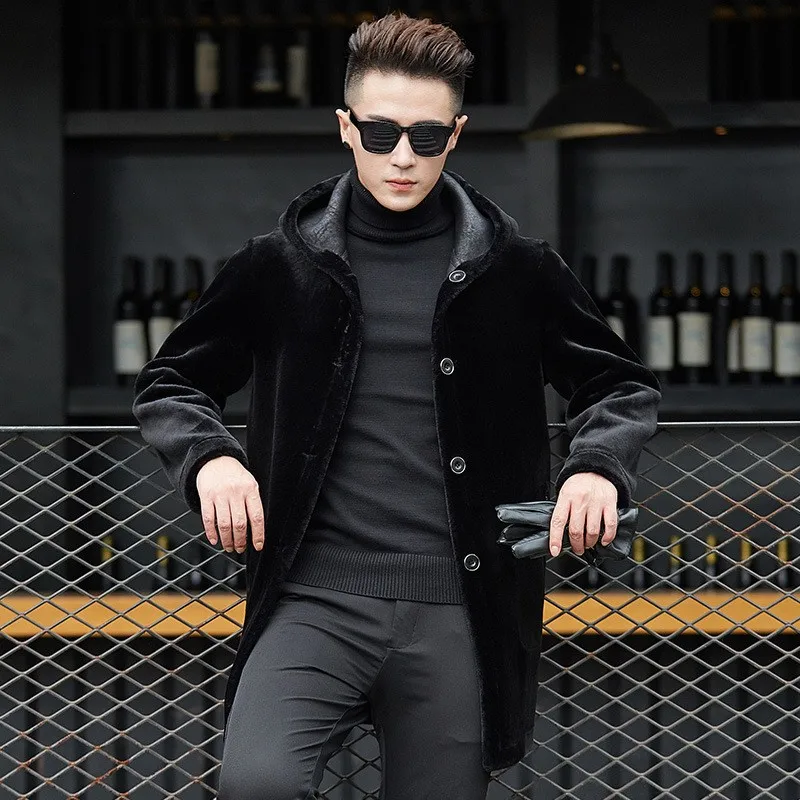 

Luxury Wool Overcoat Business Shearling Real Sheep Fur Coat Men Winter Warm Thick Hooded Reversible Outerwear Brand Fur Jacket