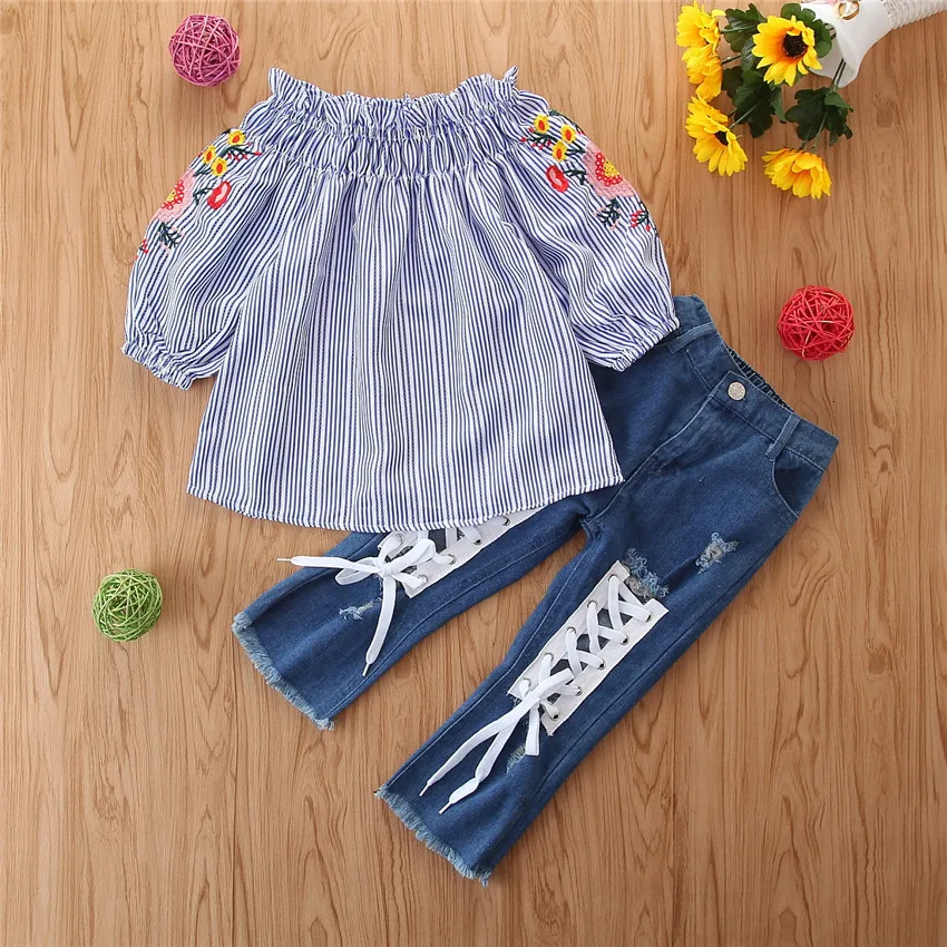 Комплект из 2 предметов для детей Повседневный пуловер в полоску + синие джинсы