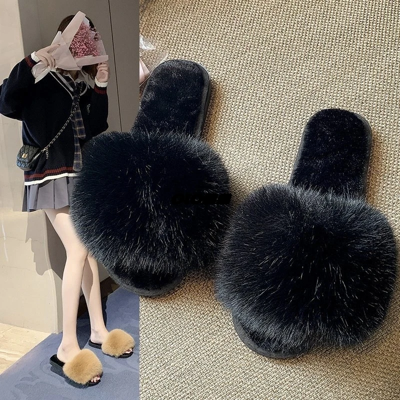 Женские разноцветные шлепанцы с искусственным лисьим мехом Модные пушистые