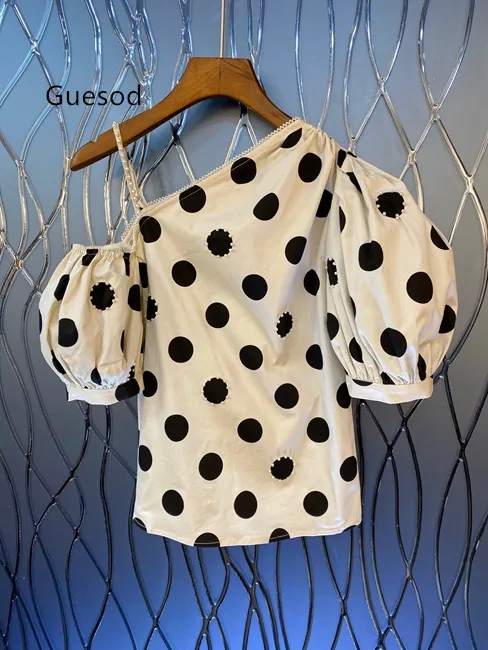 

Women Cotton Top 2020 Summer Women Off The Shoulder Short Sleeve Polka Dot Pearl Puff Sleeve Top New Arrival Guesod