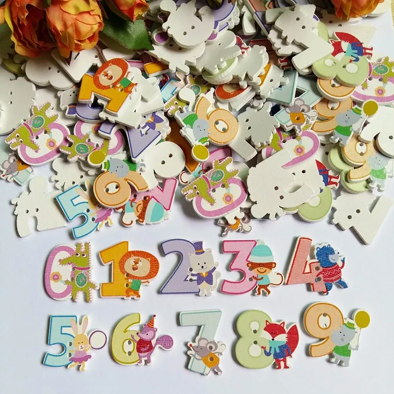 30 шт./лот (3 шт. на номер) деревянные пуговицы в виде милых мультипликационных цифр