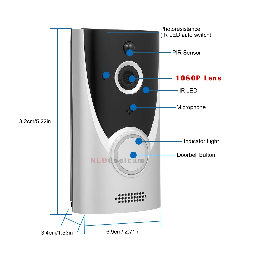 Беспроводной дверной звонок с углом обзора 166 °, Wi-Fi, 1080P (art.: 3920bb9508ec7) - 3920bb9508ec7
