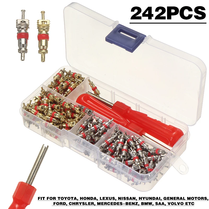 

242pcs Valve Stem Core Parts R134A Valve Cores Wrench Car Truck Tire Tyre Valve Core + Remover Tool For Car A/C Air Conditioning