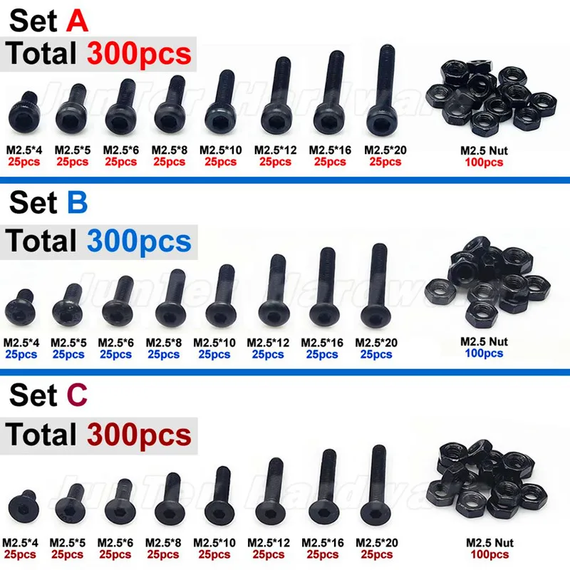 High-quality 300pcs M2.5 Alloy Steel High Tensile Allen Bolts Hex Button Flat Socket Head Cap Screws With Nuts Set combination |