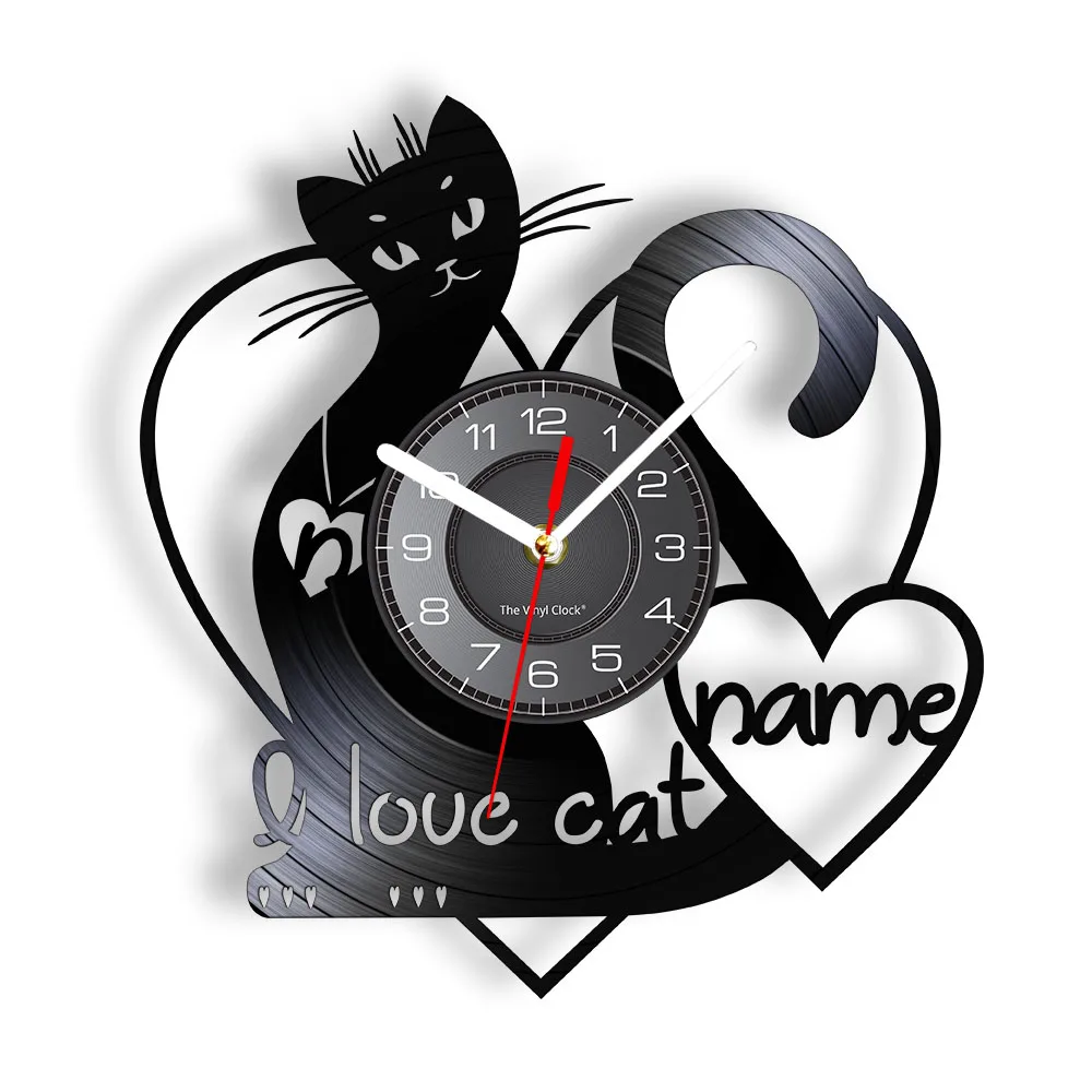 

I Love Cat Custom Name Vinyl Record Wall Clock Pet Lovely Kitty Home Decor Meow Kitten Album Personalized Laser Cut Out Watch