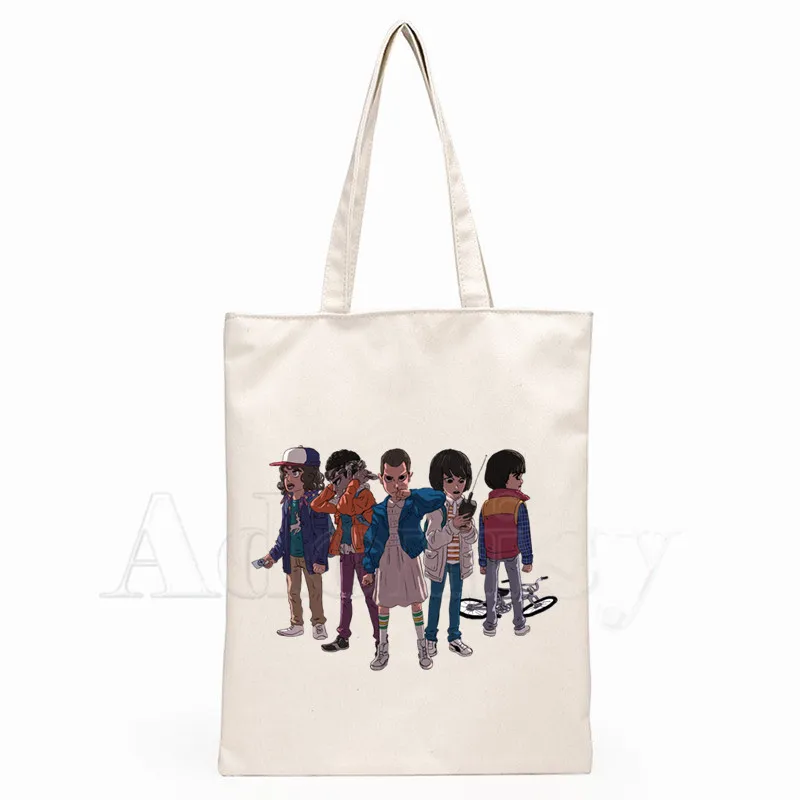 

Stranger Things Eleven Upside Down Print Shopping Bag Women Canvas Tote Bags Printing Eco Bag Cartoon Shopper Shoulder Bags
