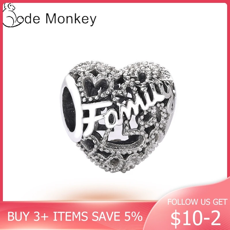 

CodeMonkey Authentic 925 Sterling Silver Family Love Heart Beads Fit Original 3mm Charms Bracelet DIY Jewelry Making CMS1518