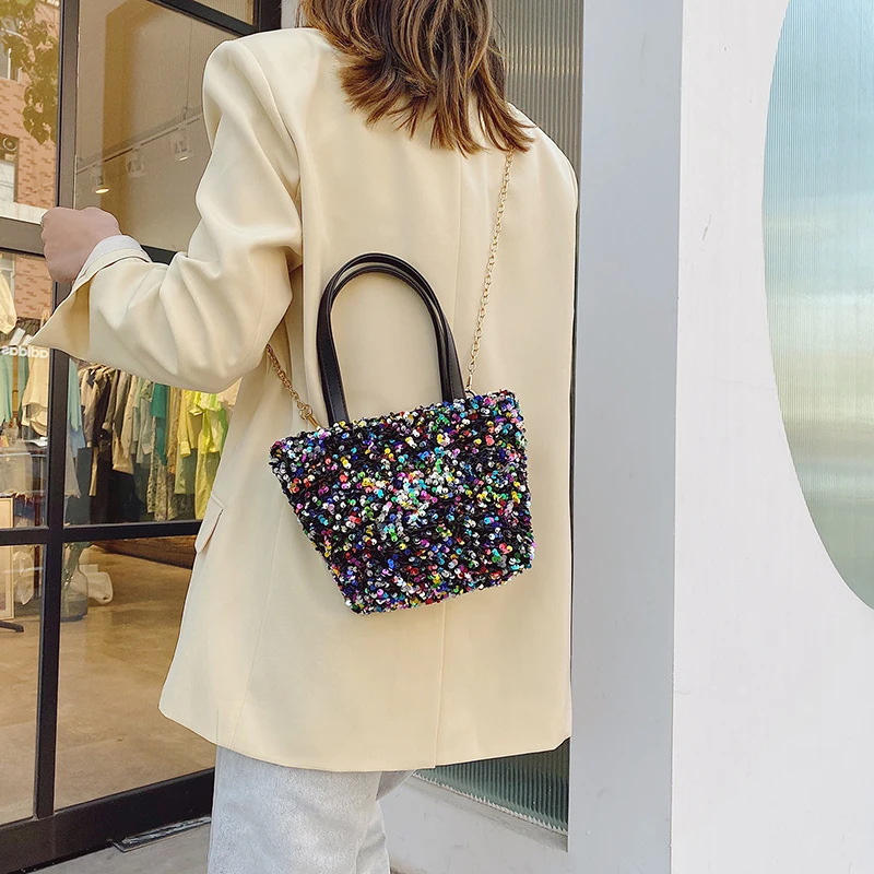 

Sequins Armpit Bag 2021 Summer High-quality PU Leather Handbags Lady Totes Shoulder Bag Travel Chain Bling Fashion Crossbody Bag