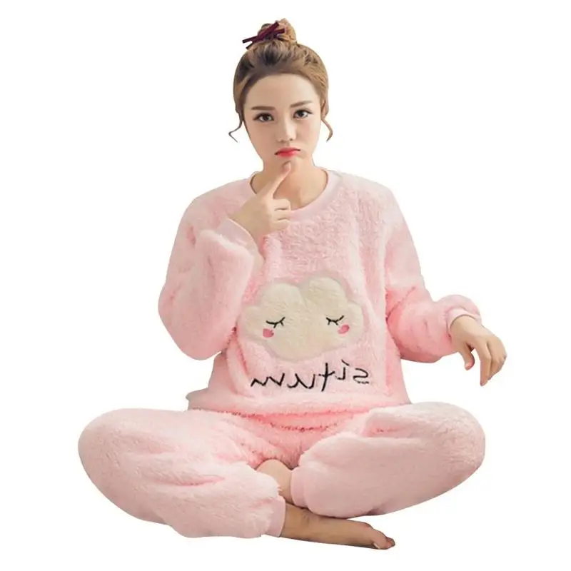 2pcs Autumn Winter Women Thin Flannel Women Pajama Set Pullover Thick Coral Velvet Long Sleeve Cartoon Homewear Dropshipping - Цвет: as picture