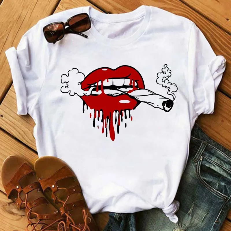 

New Women Tops Tees Mouth Lip Printed Women Tshirt Funny Leopard Graphic Tee Shirt Femme Vogue Harajuku 90s Ulzzang T Shirts