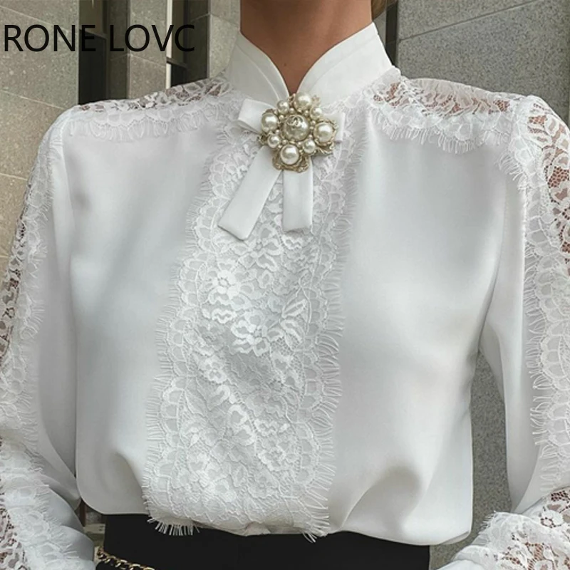 Женская однотонная элегантная кружевная Лоскутная белая блузка с полувысоким