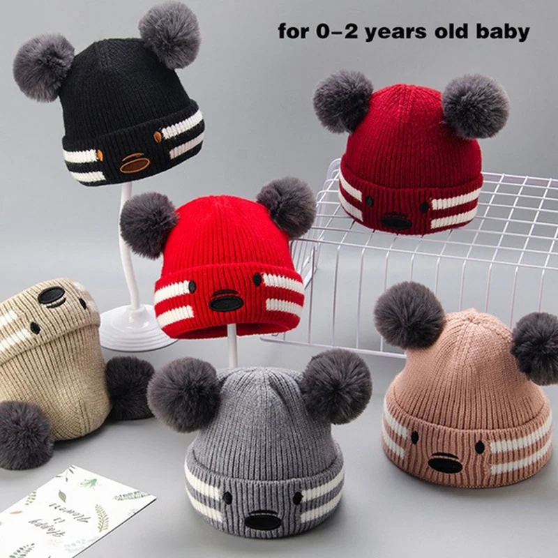 Baby Beanies Double Ball Wool Cartoon Pompom Hat Children Winter Knitted Hats Cute Cap for Girls Boys Thick Kids Beanies