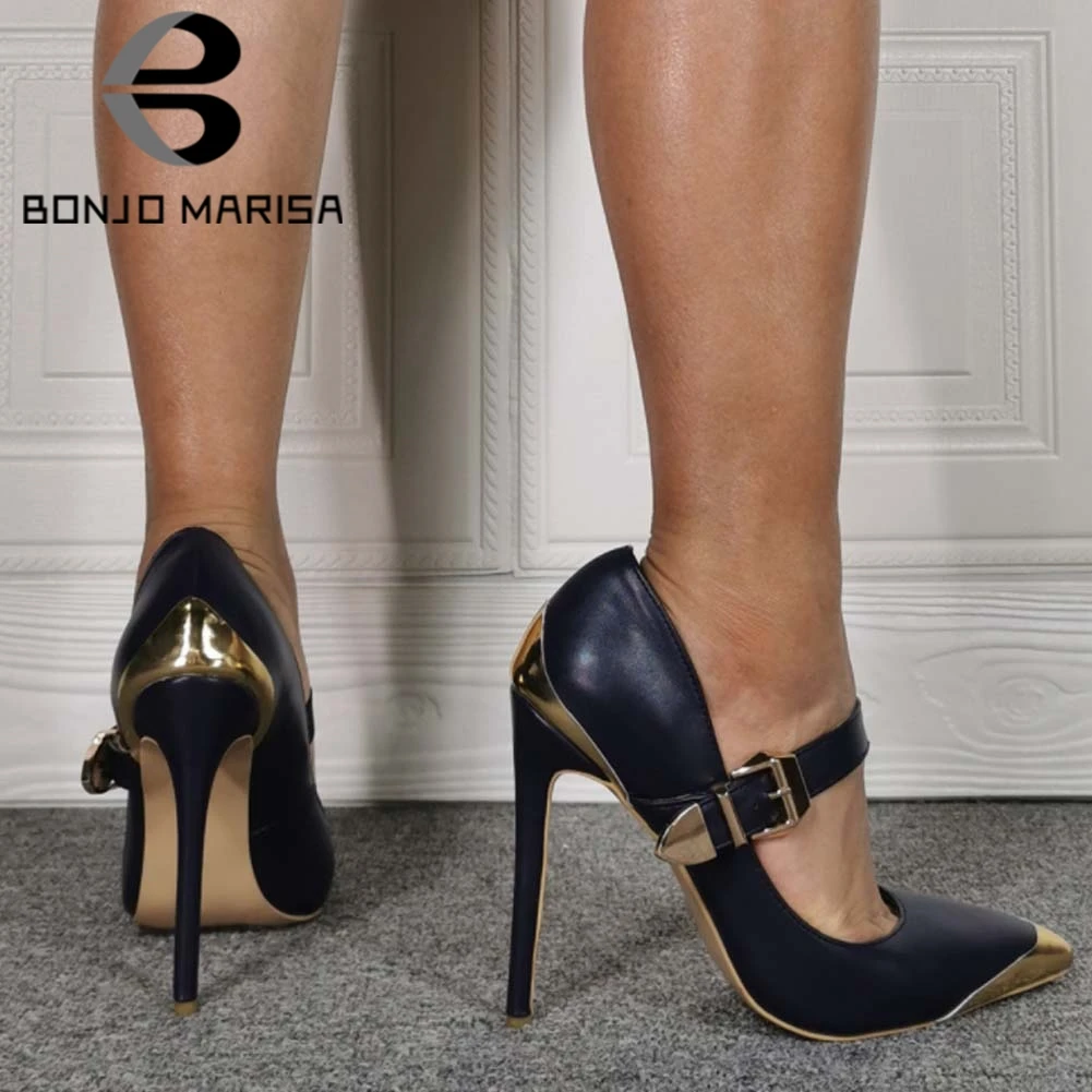 

BONJOMARISA Plush Size 47 Ladies Pumps Buckle Strap Thin High Heel Pointed Toe Pumps Women Elehant Office Lady Shoes Woman