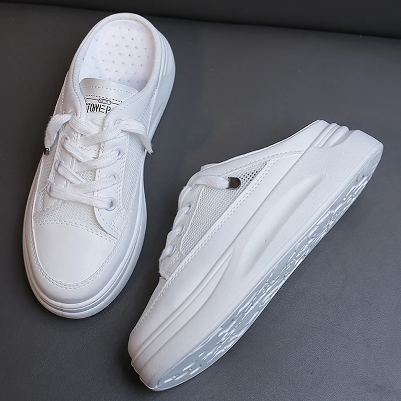 

2021 Summer Women's White Slip On Platform Vulcanized Shoes Walking Comfortable Flats Ladies Mesh Cloth Inside Heighten Slides