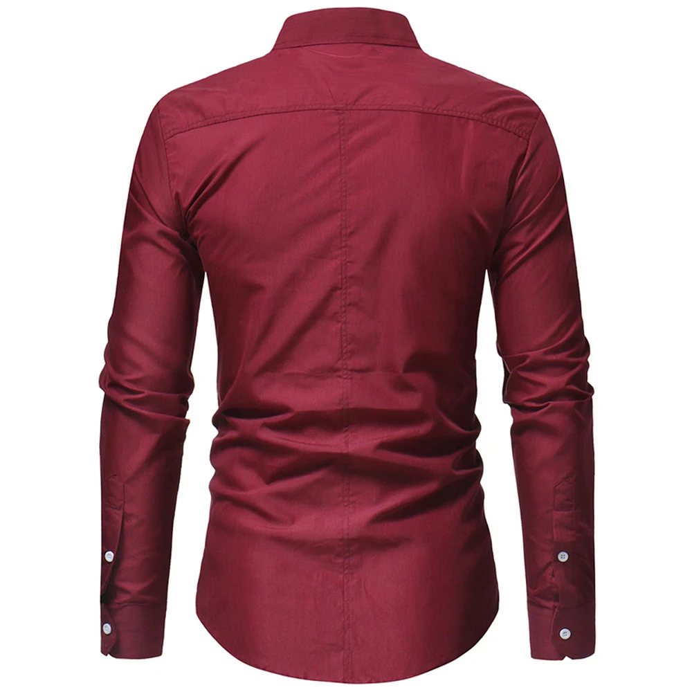 Men's Fashion Stand Collar Long Sleeve Shirt Pure Color Business Casual Dress Formal Shirt