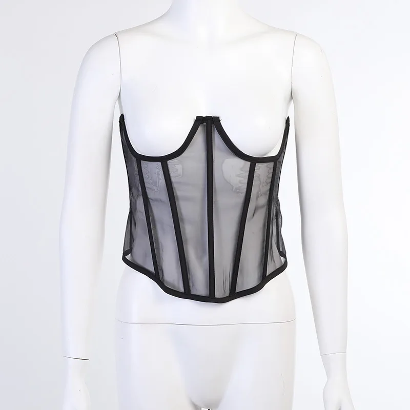 

Fashstreet Casual Splice Mesh Corset Women Streetwear Solid Bodycon Lace Up Sexy Tube Top 2021 New Fashion Backless Club Corset