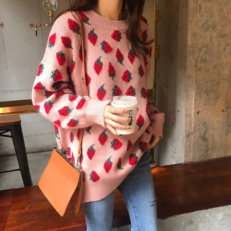 Korobov Korea Ulzzang Sweet Strawberry Print Knit Sweater Female Cute Casual Fashion O-neck Long Sleeve OverSize 79191 | Женская одежда