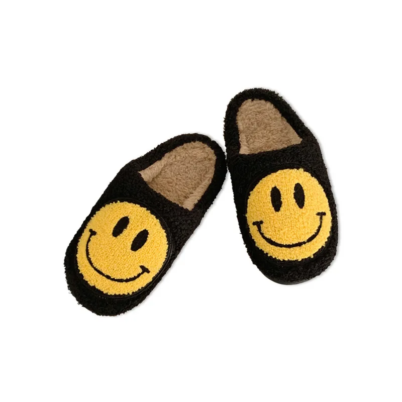 

2021 Women Fluffy Fur Slippers Big Smile Floor Slipper Short Plush Fleece Flat For Couple Shoes Black Lady Indoor Slippers