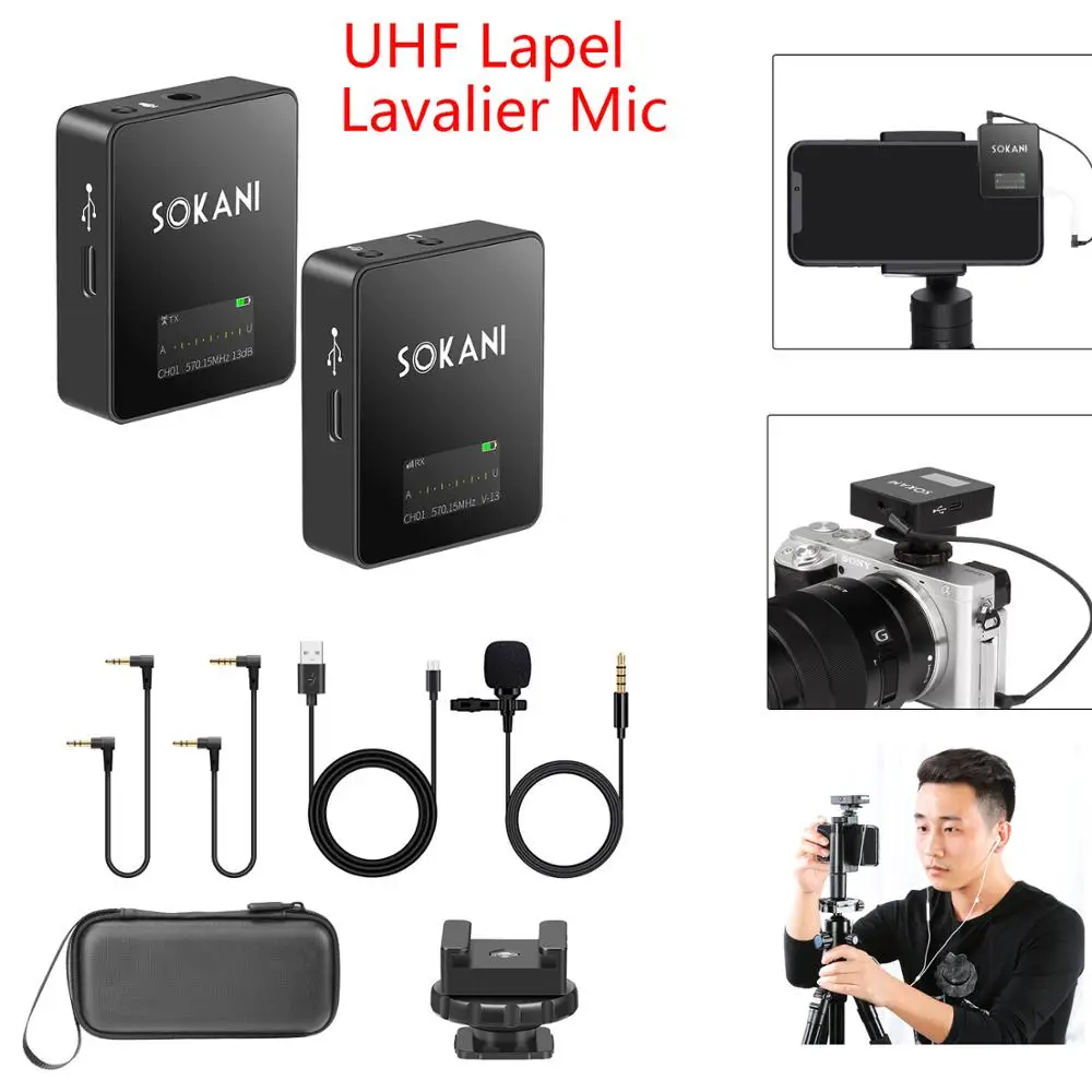 Sokani Tiny UHF отворотом петличный микрофон Lav видео для iPhone Huawei Xiaomi смартфон Canon Sony Nikon