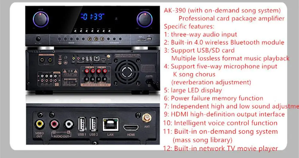 Type B AK-3902.0 канал 600 Вт усилитель KTV проводной микрофон Bluetooth HiFi по требованию песня Цифровой HDMI обновление умный голос домашний кинотеатр Wi-Fi - Цвет: Type B