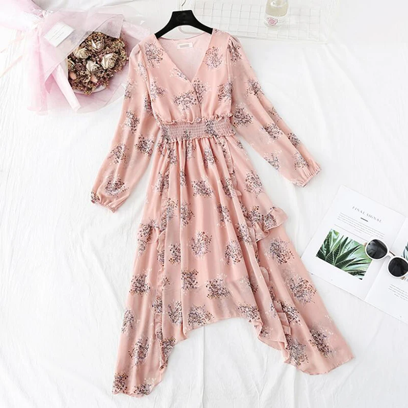 

Женское шифоновое платье с оборками, асимметричное платье в цветочек с длинными рукавами и эластичным поясом на весну и лето 2020