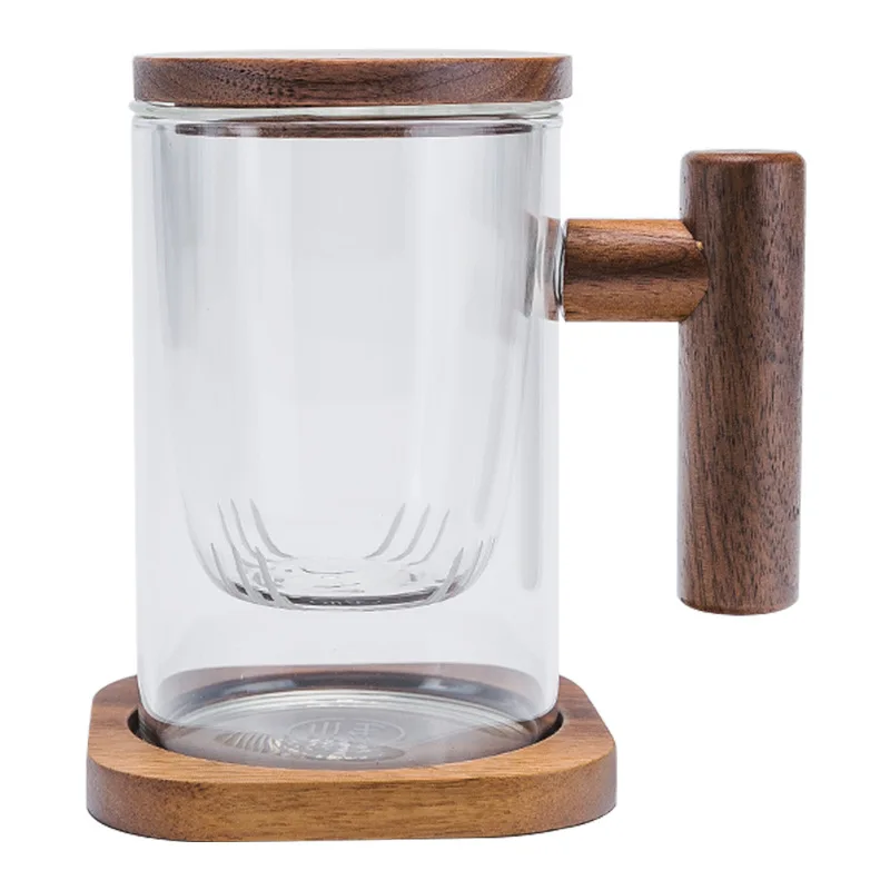 

Heat Resistant Office tea glass cup with wooden base and lid Tea Infuser Filter Glass cup 210415-01