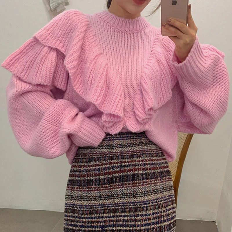 YAMDI korean runway sweater female autumn winter 2020 o neck solid chic fashion loose pollover thick knitted jumper women ruffle | Женская