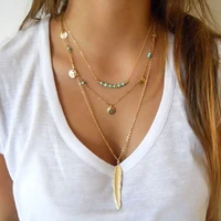 simple retro crystal feather turquoise bead sequin multi layer collarbone chain necklaces for women jewelry gifts wholesale