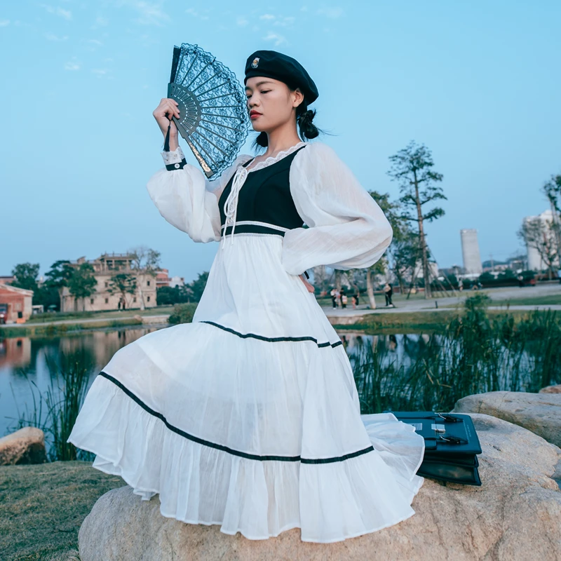 

Chic Spring Dress Women's Retro Student Japanese Dress White Lace Stitching Design Fairy Midi Dress Kawaii