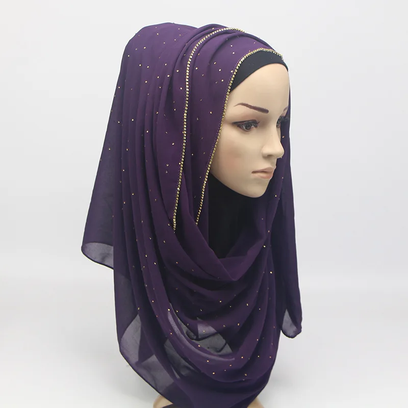 Женский длинный шифоновый шарф Мусульманский женский хиджаб с бриллиантами