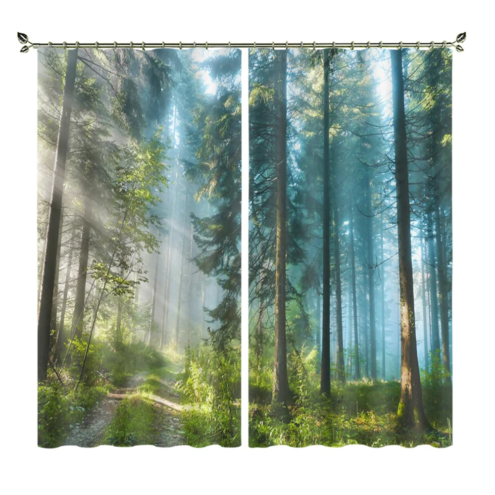 

Woods Series Blue-green Color Cearly Morning Woods With Clear Personality Pictures High-quality Curtains Suitable For Bedroom