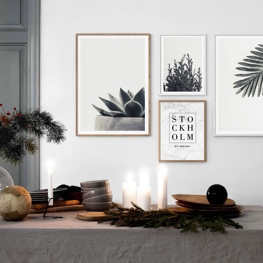 

Plant Decoration Poster Potted Plant Leaves Home Decoration Canvas Painting Feather Marble Text Decoration Wall Posters Simple