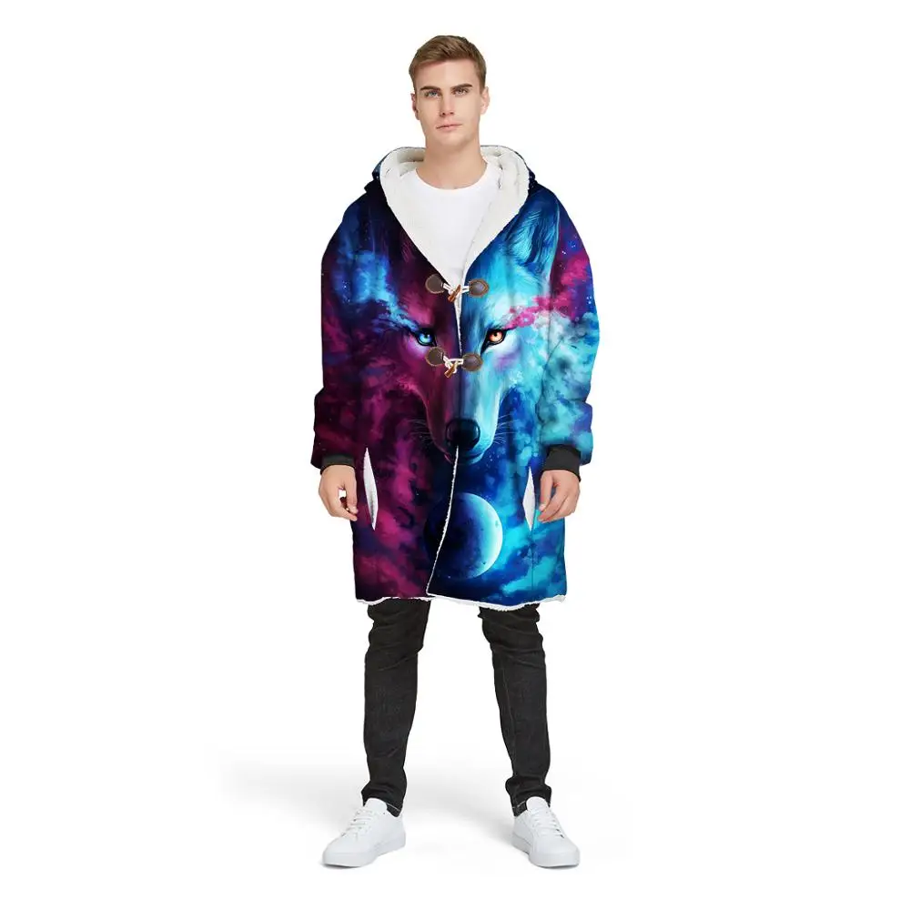 3D принт Волк Луна одеяло с капюшоном теплое флисовое плюшевое рукавами зимний