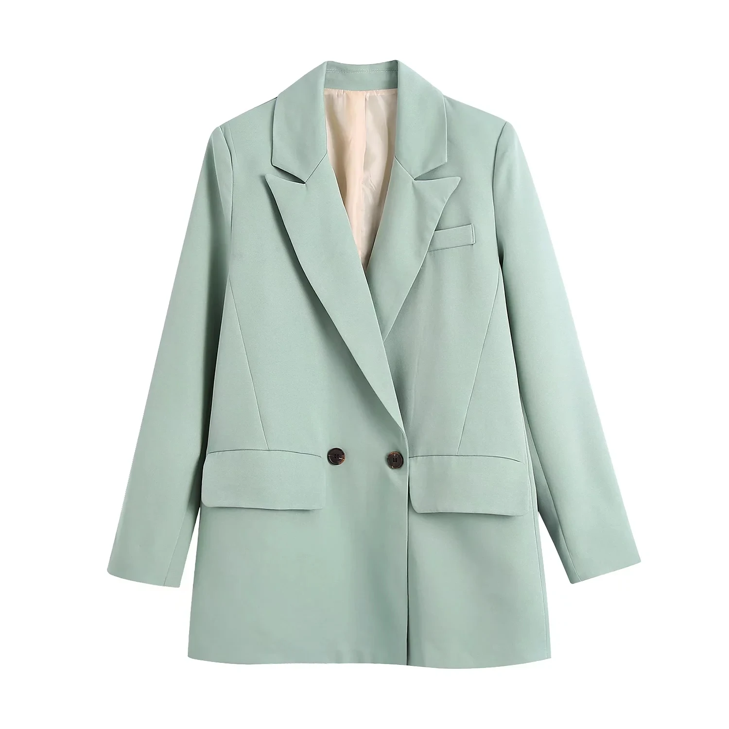 

Женский офисный Блейзер свободного покроя, светло-зеленый двубортный пиджак с отложным воротником и карманами, Повседневная модная длинна...