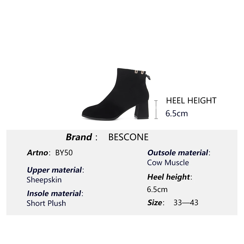 

BESCONE Ladies Mid-And-Calf Boots Winter Handmade Round Toe Square Heel Women Shoes Basic Black Butterfly-Knot Zipper Boots BM50