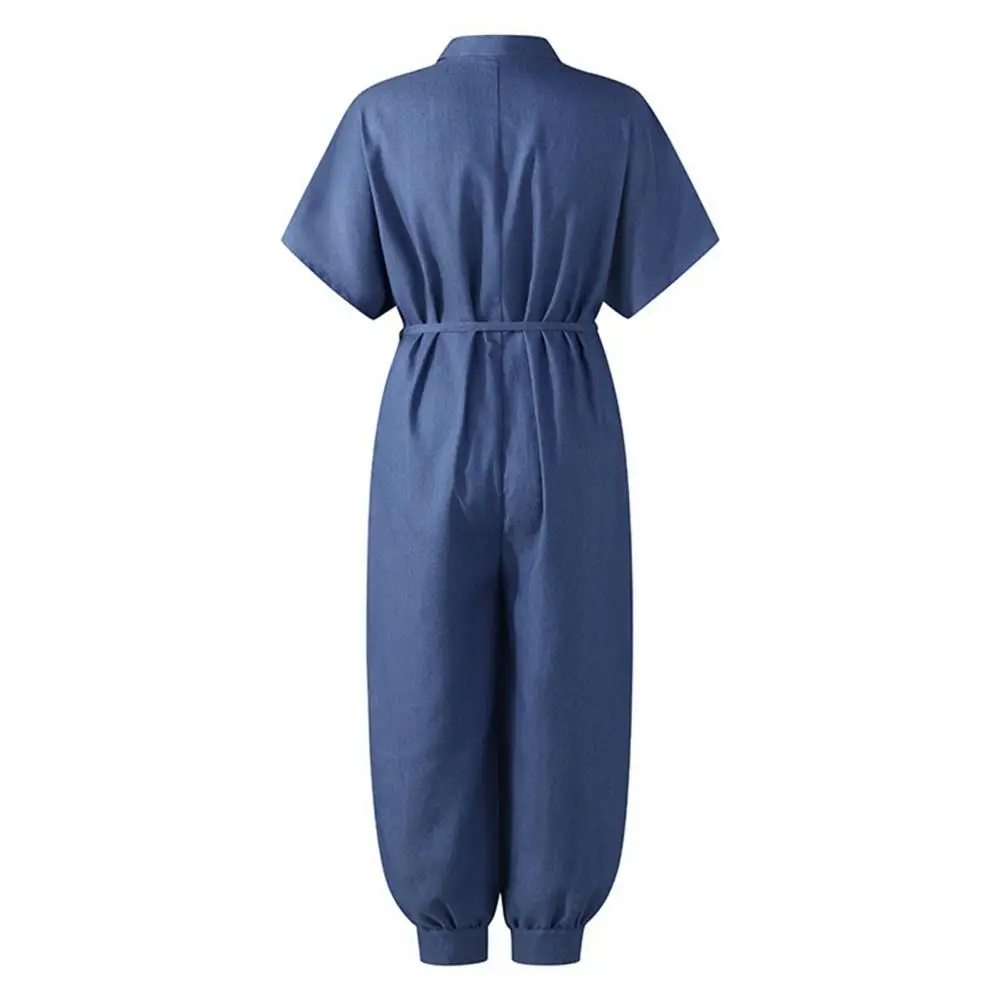 

Casual Women Short Sleeve Denim Rompers Womens Jumpsuit Blue Buttons Overalls For Women Fashion Loose Jumpsuit Women Streetwear
