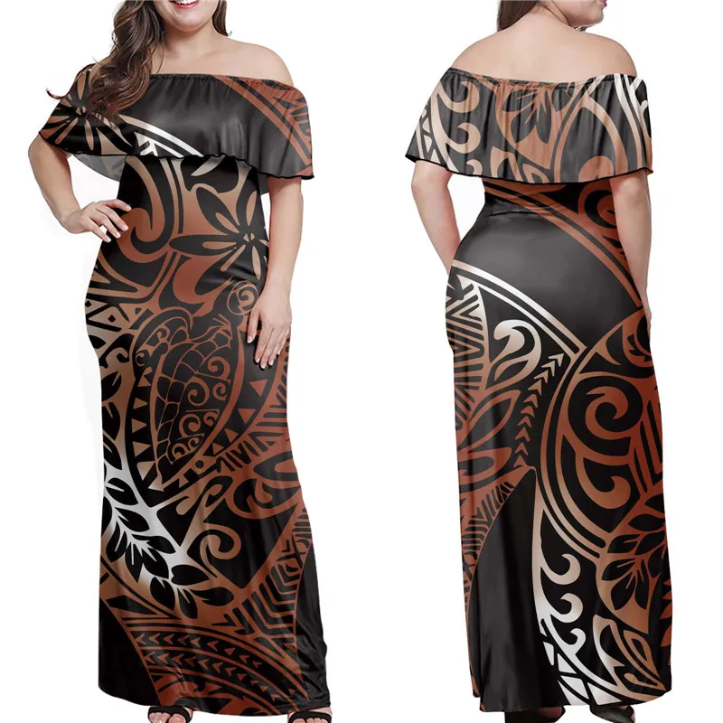 

Doginthehole Women's Layered Ruffle Maxi Dress Gradient Polynesian Tribal Print Casual Loose Off Shoulder Party Outfits Mujer