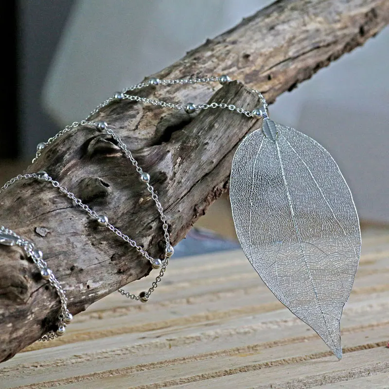 Real Leaf Pendant Necklace Gold Long Chain Charm Rustic Wedding Jewelry Statement Bridesmaid Gift | Украшения и аксессуары