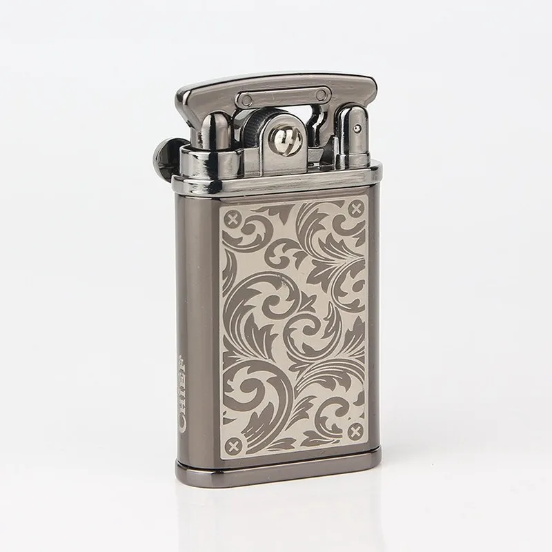 

High-grade Tang Grass Flower Pure Copper Ultra-thin Carved Grinding Wheel Kerosene Lighter Fashion High-end Men and Women Gifts